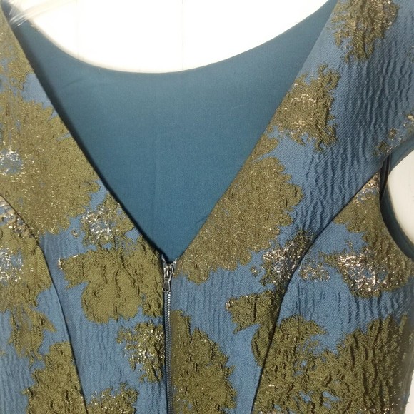 Vera Wang Brocade Dress Women Size 6 Dark Teal Green Metallic V-cut Back Lined - Picture 12 of 16